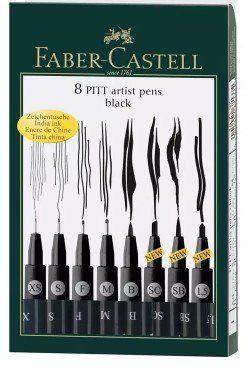 Faber Castell - 8 Pitt Artist Pens Black: XS, S, F, M, B, 1.5, SB, SC
